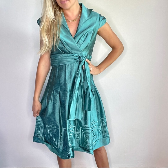 Adrianna Papell Aqua Green Tie Belt Collared Dress - Picture 3 of 11